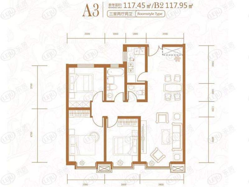 包頭裝修方案名仕花園三室兩廳兩衛(wèi)117.45平方米