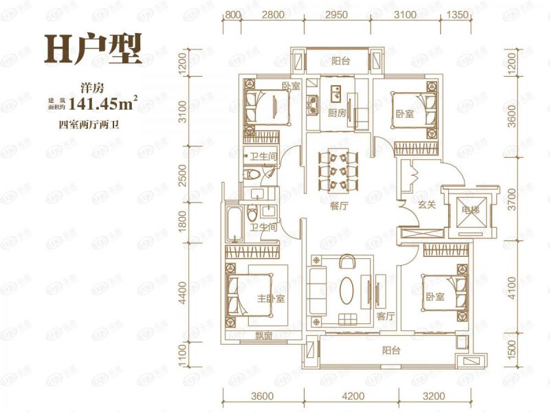 包頭裝修方案中梁·首府壹號院四室兩廳兩衛(wèi)141.45平方米